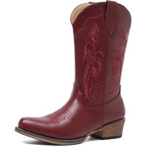 Women Red Western Mid Boots Embroidered Cowgirl Boots Ladies Pointy Boots